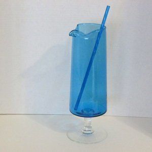 Vintage Martini Pitcher & Stirrer Peacock Blue Glass Decanter Mixer 11.75" Tall